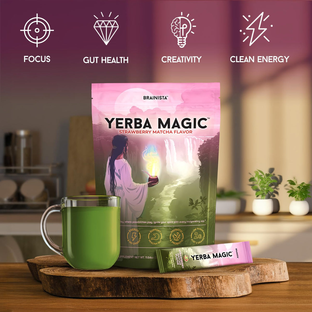 Open Yerba Magic packet showing single-serve format for busy mornings