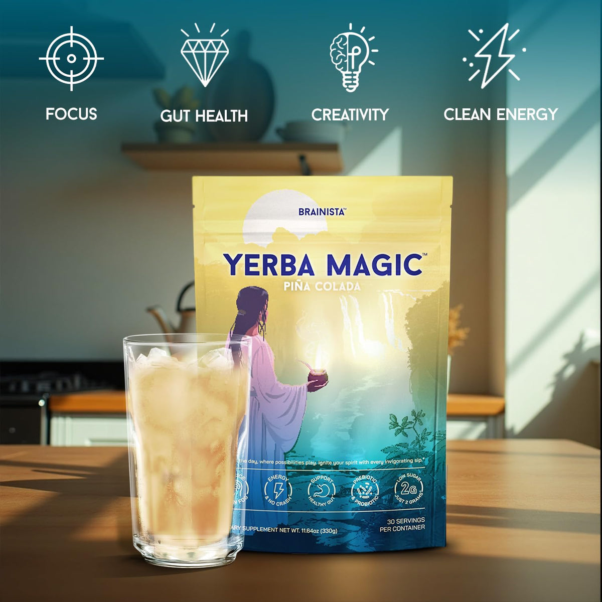 Brainista Yerba Magic packaging-front communicates flavor and low sugar profile