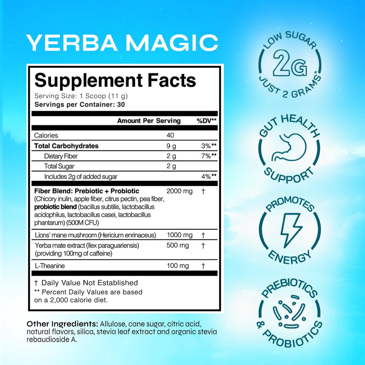 Brainista Yerba Magic peach mango powder dissolving for flavor and alertness.