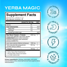 Brainista Yerba Magic peach mango powder dissolving for flavor and alertness.