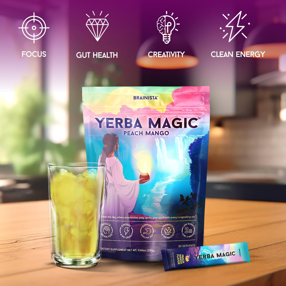 Brainista Yerba Magic Peach Mango sachet with cold water instant energy
