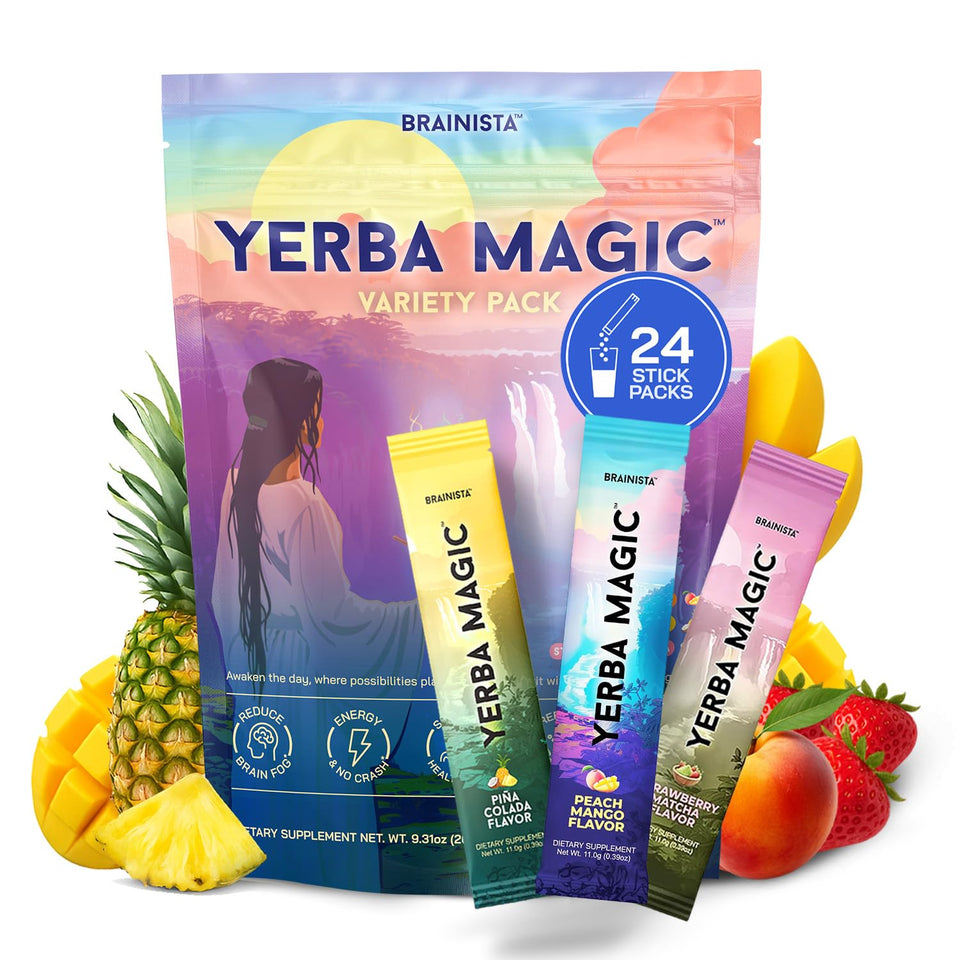 Brainista Yerba Magic Peach Mango sticks packaging for on-the-go energy