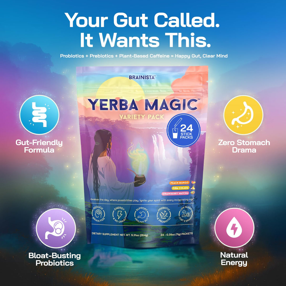 Brainista Yerba Magic serving idea with prepared drink in a glass