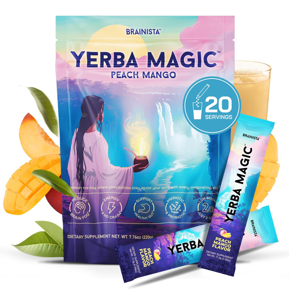 Brainista Yerba Magic stick packet close-up ready to dissolve for on-the-go energy
