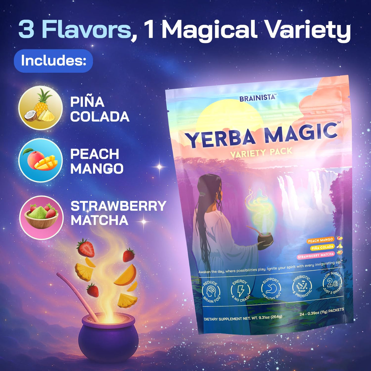 Brainista Yerba Magic on-the-go sticks in a travel pouch