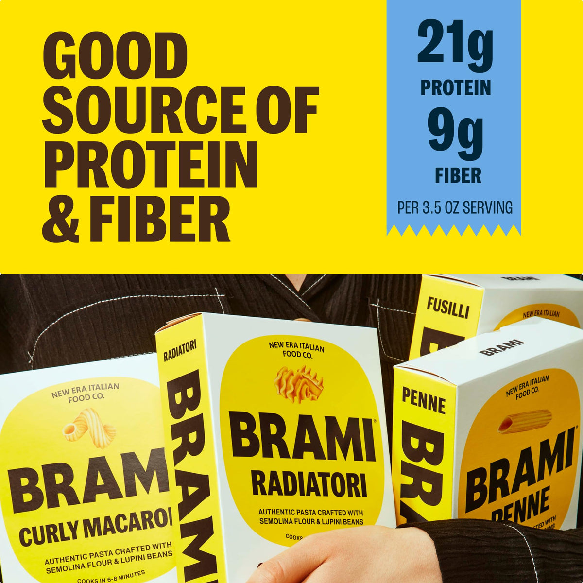 BRAMI fusilli cooked al dente portion plated with sauce
