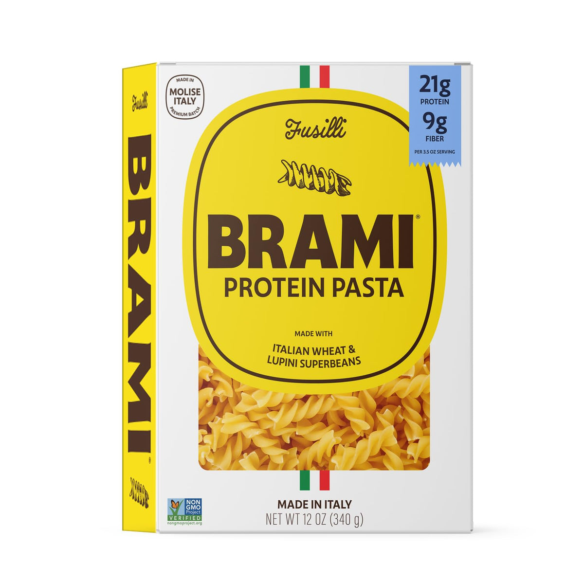 BRAMI fusilli packaging highlights two-ingredient pasta profile for a clean start