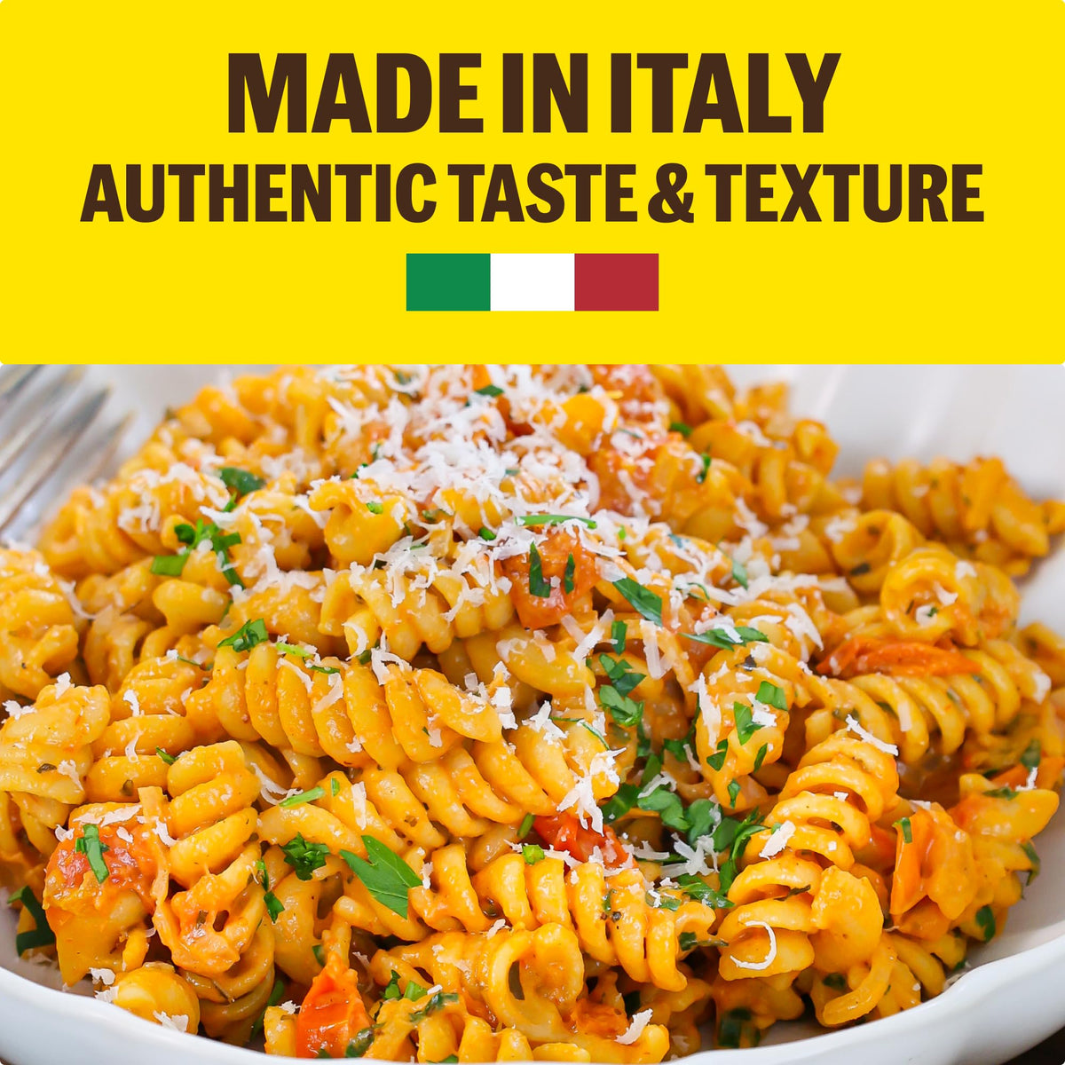 BRAMI fusilli uncooked pasta bundle showcases simple ingredients