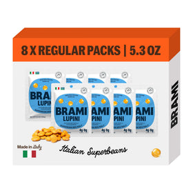BRAMI lupini beans snack sea salt vinegar package emphasizes convenient protein on the go.