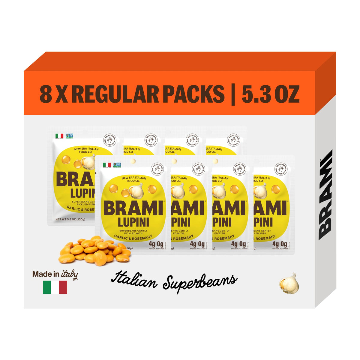 BRAMI Lupini Beans Snacks Garlic & Rosemary in 8-pack display with savory flavor ready to enjoy