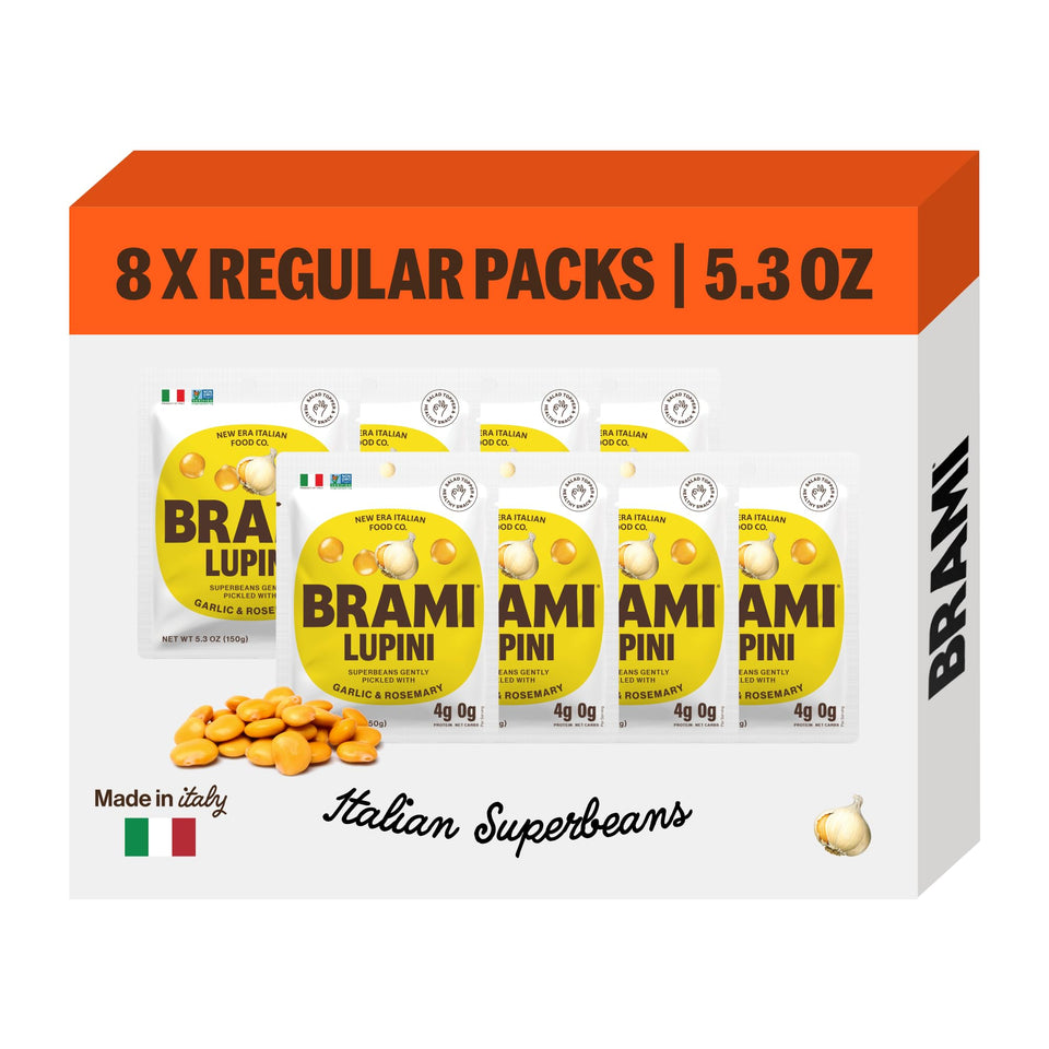 BRAMI Lupini Beans Snacks Garlic & Rosemary in 8-pack display with savory flavor ready to enjoy