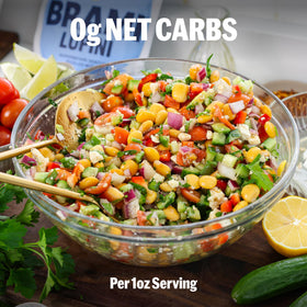 Serving bowl with BRAMI Lupini Beans Garlic & Rosemary for Mediterranean-style snacking