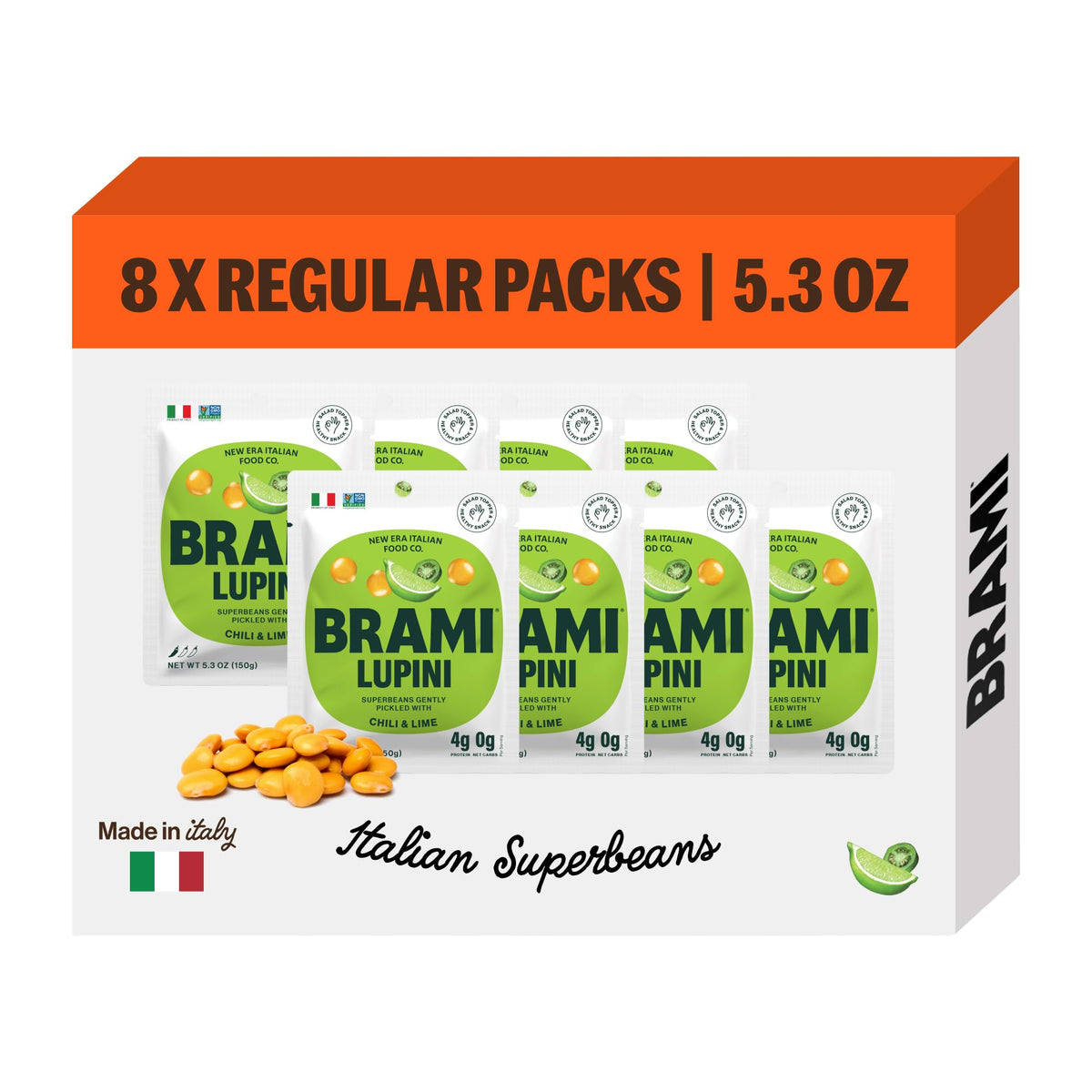 BRAMI lupini snack chili lime pack shot highlighting a portable high-protein plant snack.
