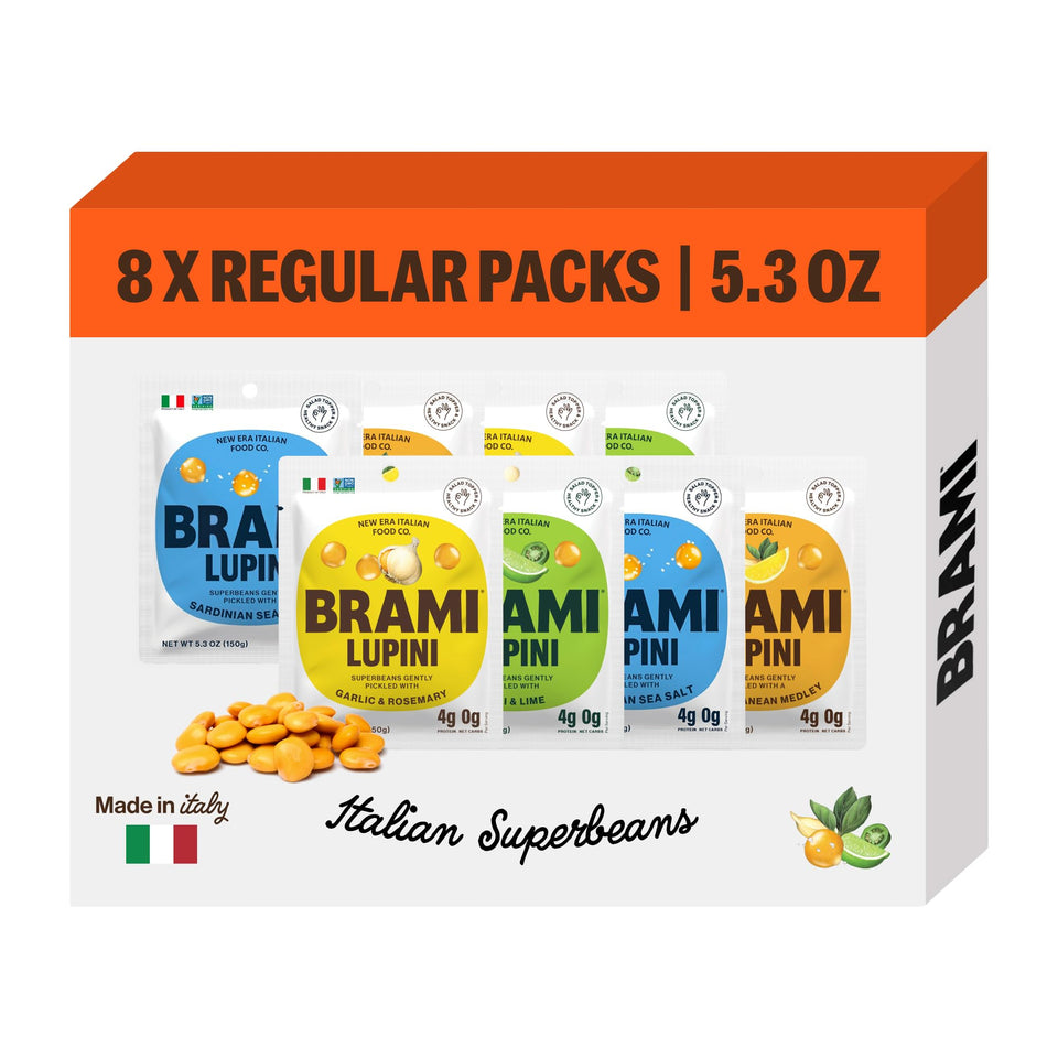 BRAMI Lupini Snack Variety Pack front view, portable plant protein for on-the-go snacking.