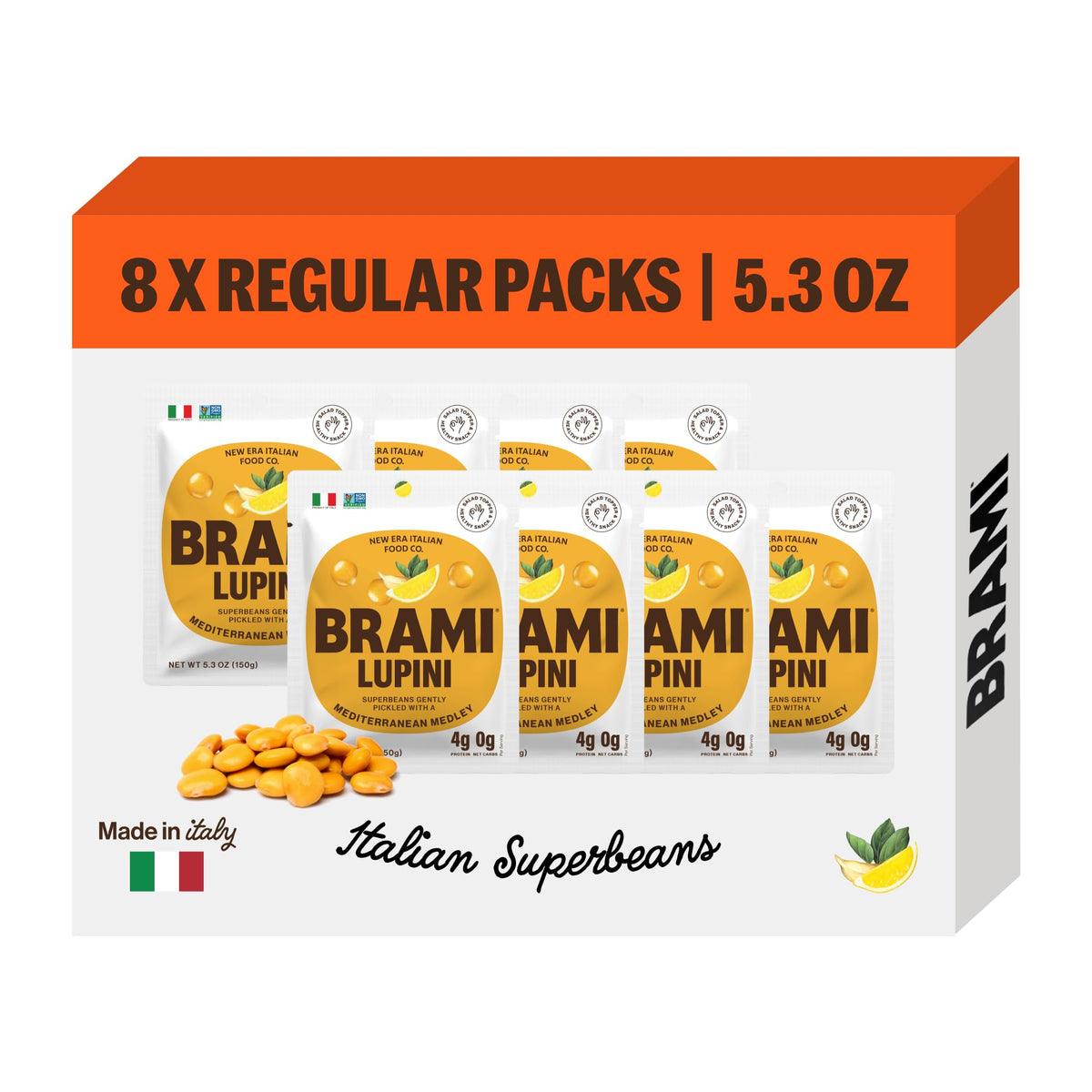 BRAMI Lupini Beans Mediterranean Medley pack-front showing a protein-packed snack