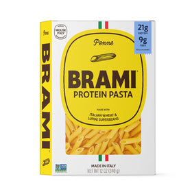 BRAMI Penne pasta pack highlighting high protein and fiber for quick meals