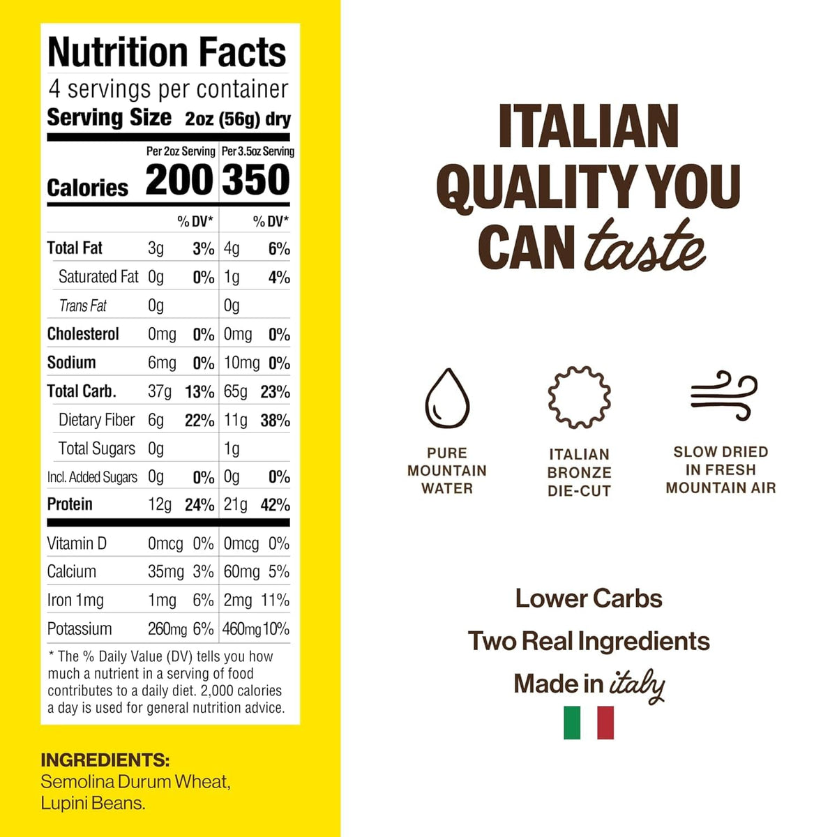 BRAMI packaging closeup emphasizing Lupini bean fortification and high protein.