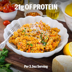 BRAMI pasta served in a bowl, presenting a protein-rich meal option.