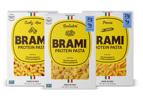 BRAMI protein pasta variety pack box shows two-ingredient formula with lupini beans.