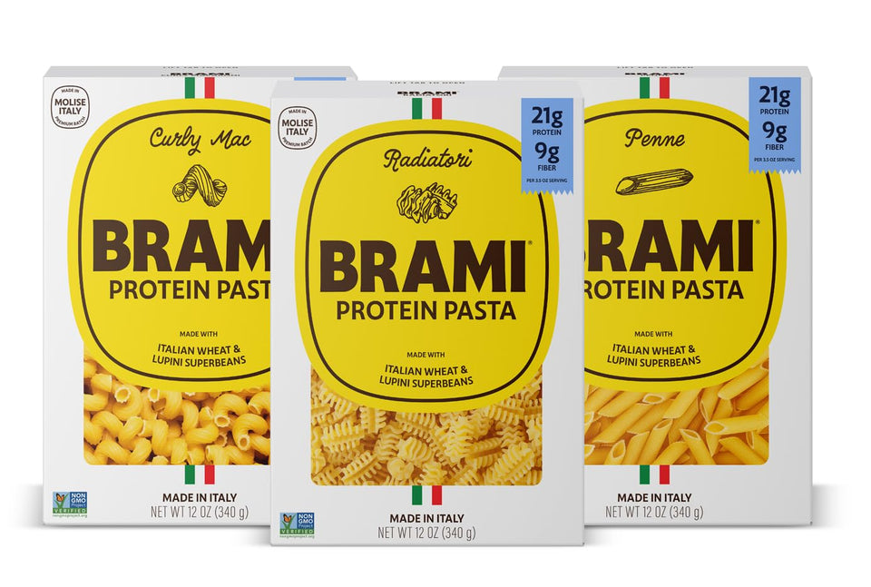 BRAMI protein pasta variety pack box shows two-ingredient formula with lupini beans.