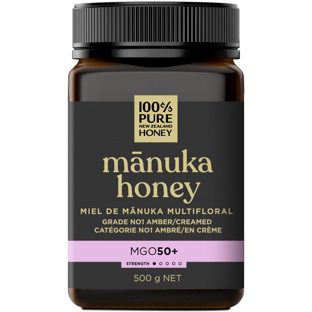 100% Pure New Zealand Honey bottle with MGO 50+ Multifloral, smooth texture ideal for tea.