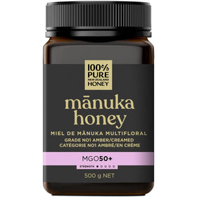 100% Pure New Zealand Honey bottle with MGO 50+ Multifloral, smooth texture ideal for tea.