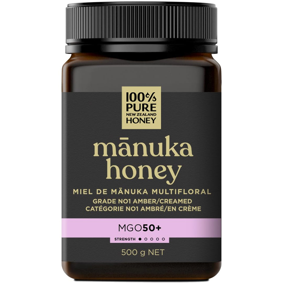 100% Pure New Zealand Honey bottle with MGO 50+ Multifloral, smooth texture ideal for tea.