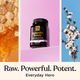 100% Pure New Zealand Honey jar shot emphasizes the creaming process for easy spreading.