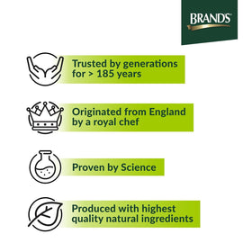 Brand's Essence of Chicken Drink label close-up highlights heritage and quality ingredients