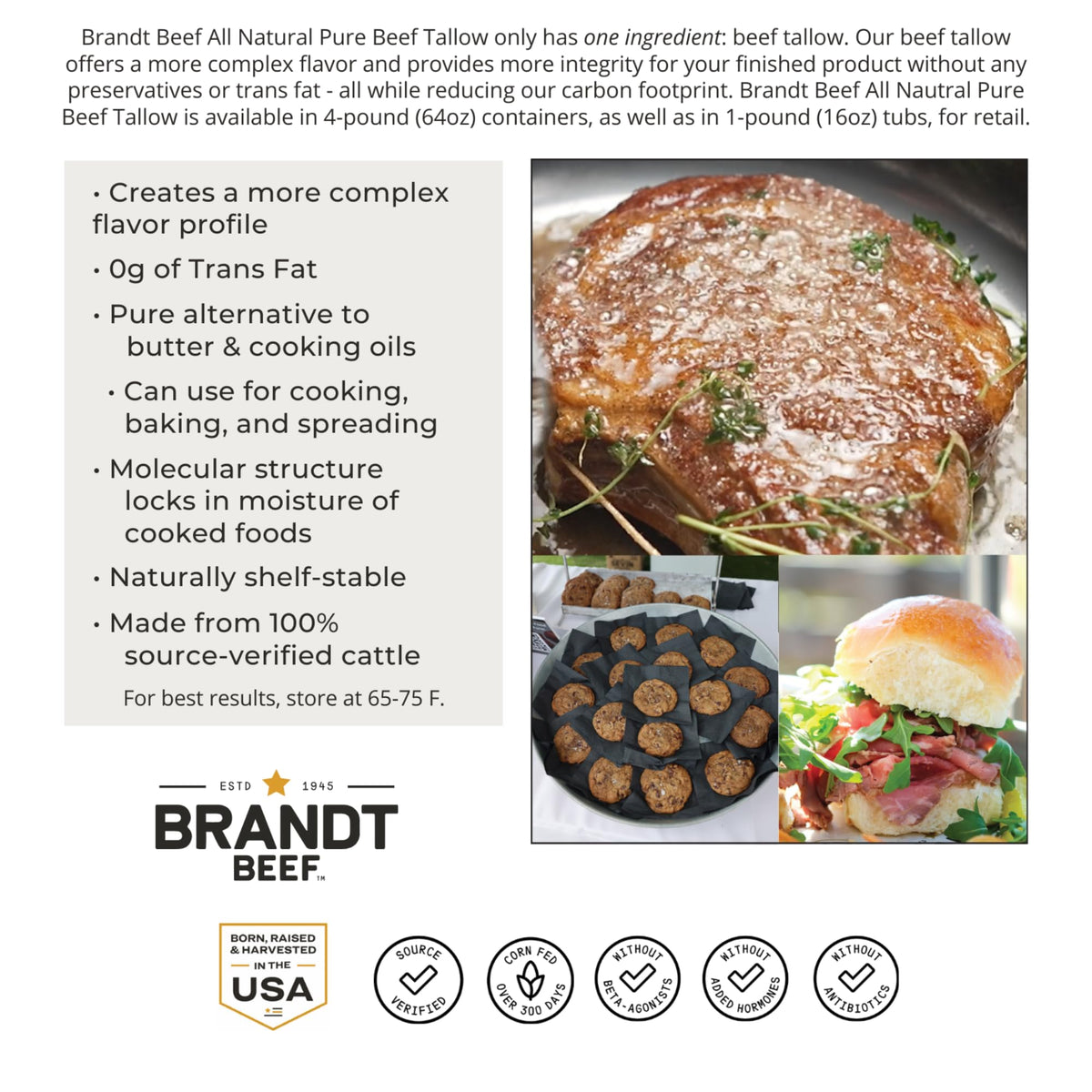 Brandt Beef Tallow tub with pouring spout, convenient for quick adding to recipes.