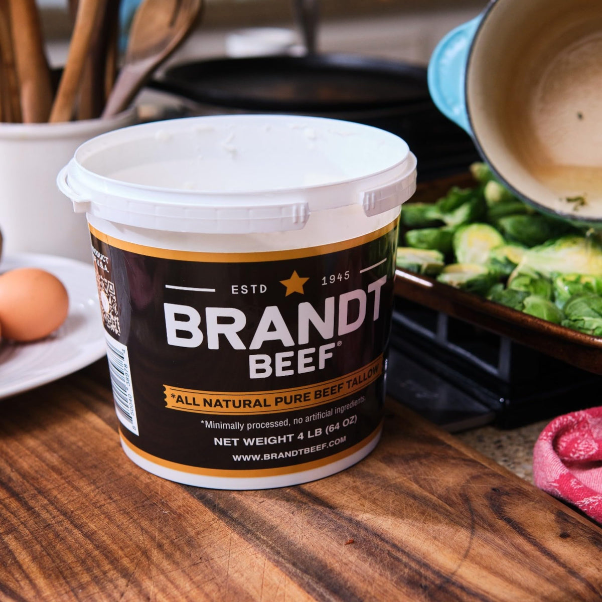 Brandt Beef Tallow sizzling in a skillet for sautéing and roasting.