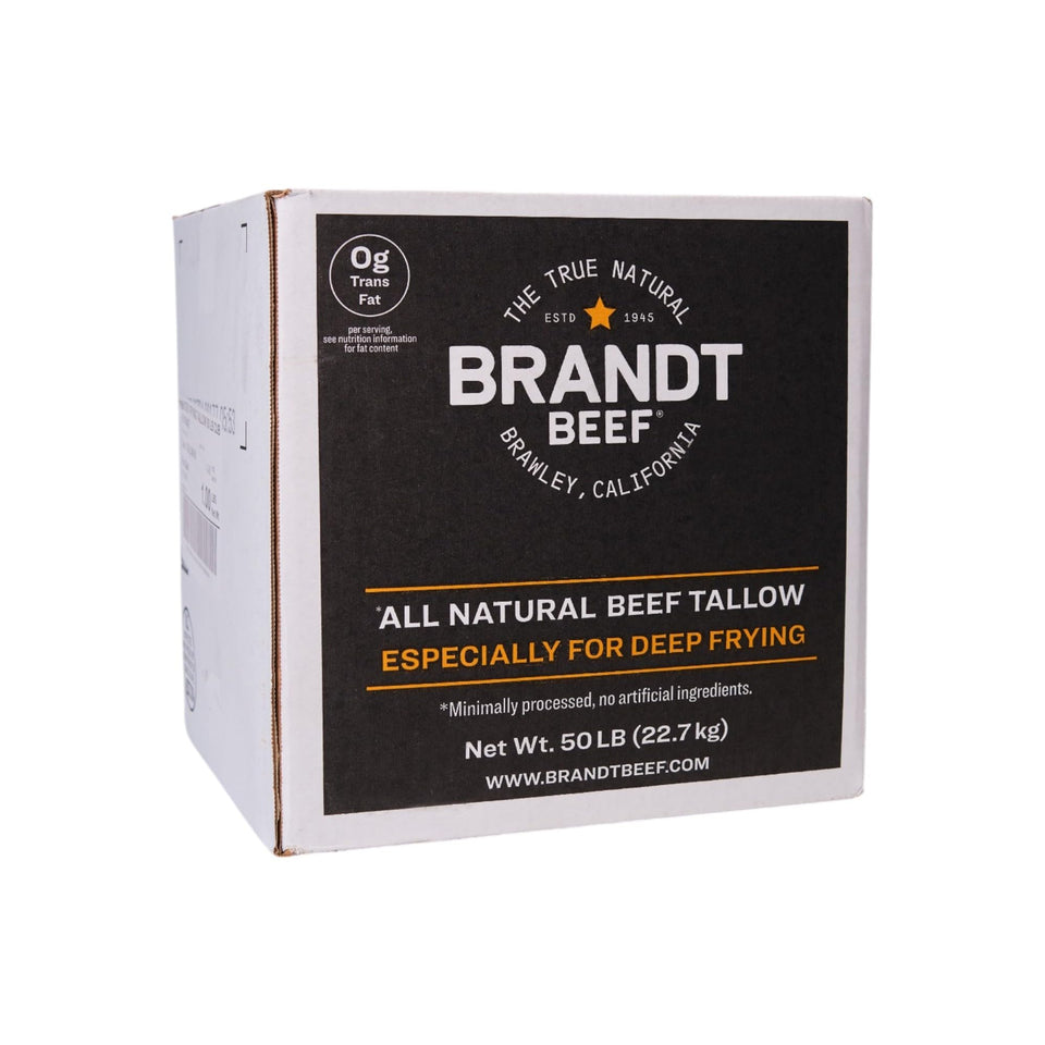 Brandt Beef Tallow 50lb tub front view, ideal for bulk cooking and high-heat frying.