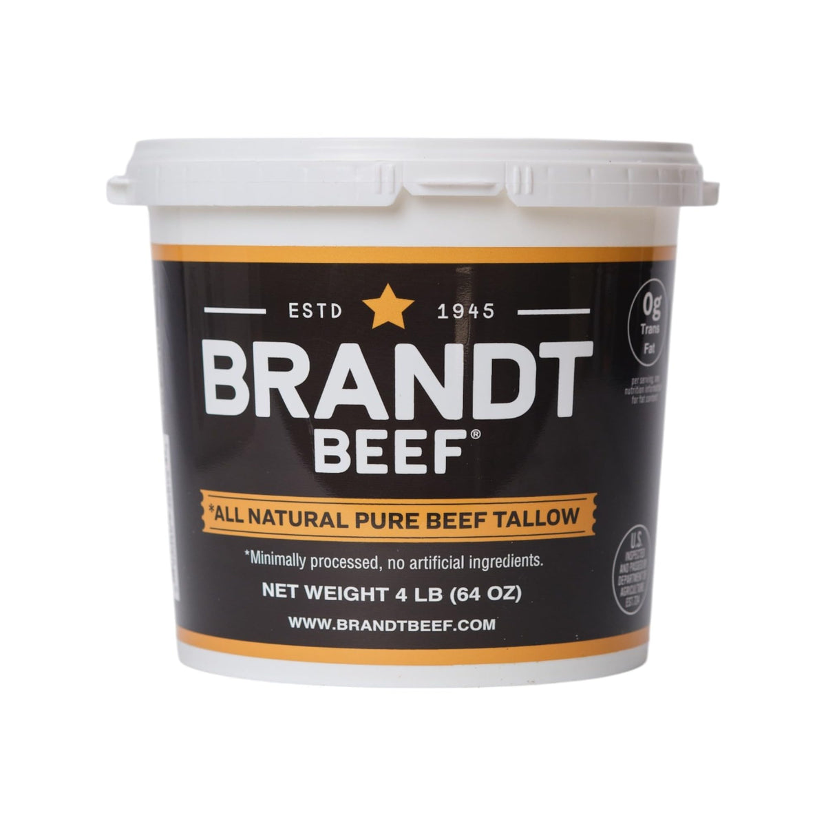 Brandt Beef Tallow tub front view, pure single-ingredient fat ideal for cooking.