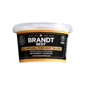 Brandt Beef Tallow tub on kitchen counter, ready for high-heat cooking.