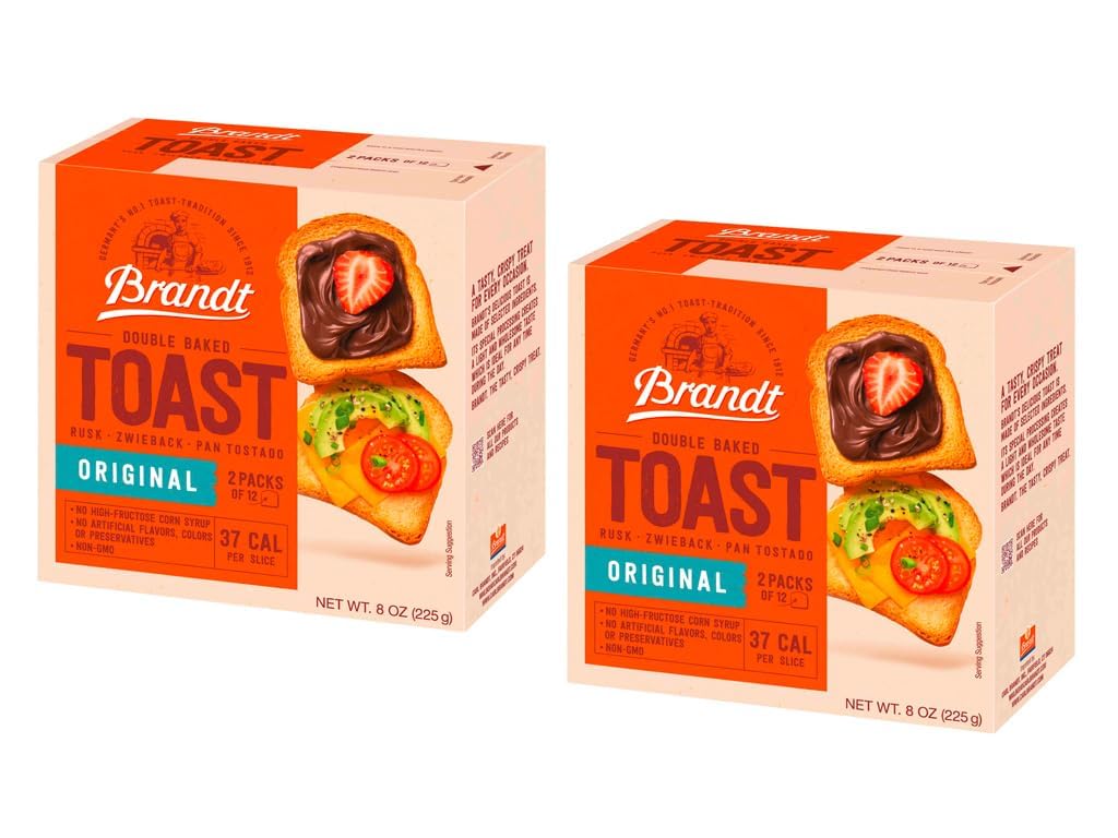 Brandt Toast Zwieback Original on-pack view, ideal for snacking and sharing