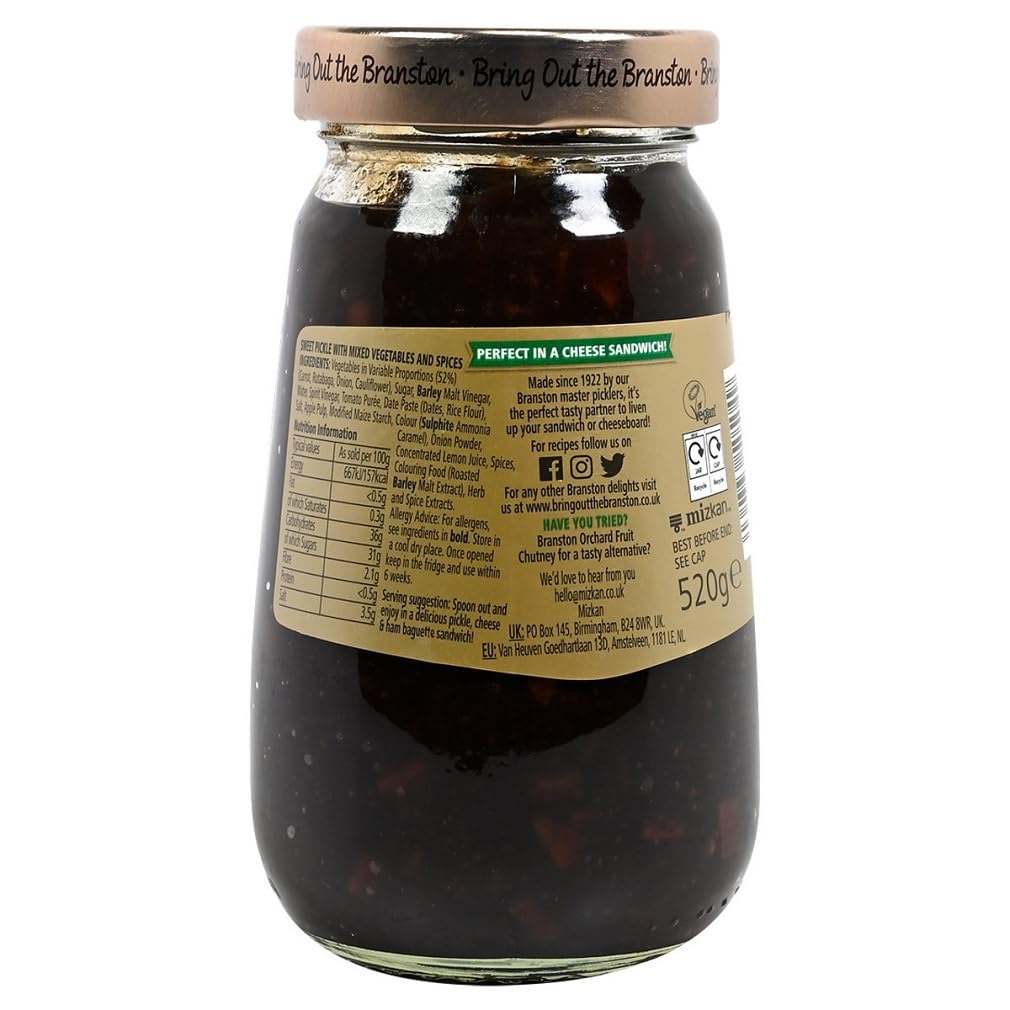 Branston Goldtop pickle jar, open, ready to scoop for burgers and salads.
