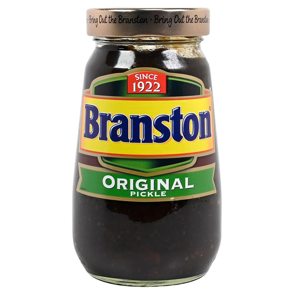 Branston Goldtop pickle jar, side view, pairs well with cheeses for a quick platter.