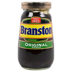 Branston Goldtop pickle jar, side view, pairs well with cheeses for a quick platter.