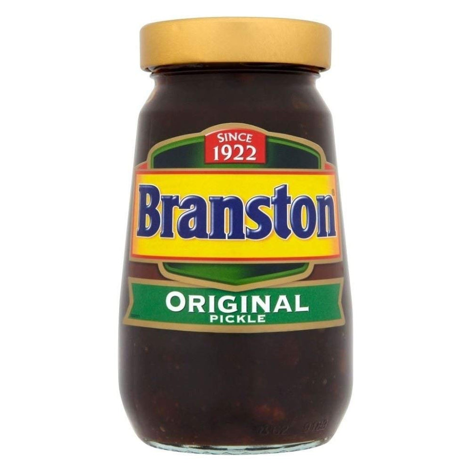 Branston Pickle Goldtop 520g jar, ideal for sandwiches and salads.