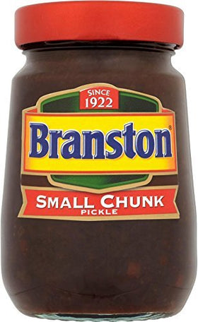 Branston Small Chunk Pickle jar for cheese sandwiches, adding sweet tang.