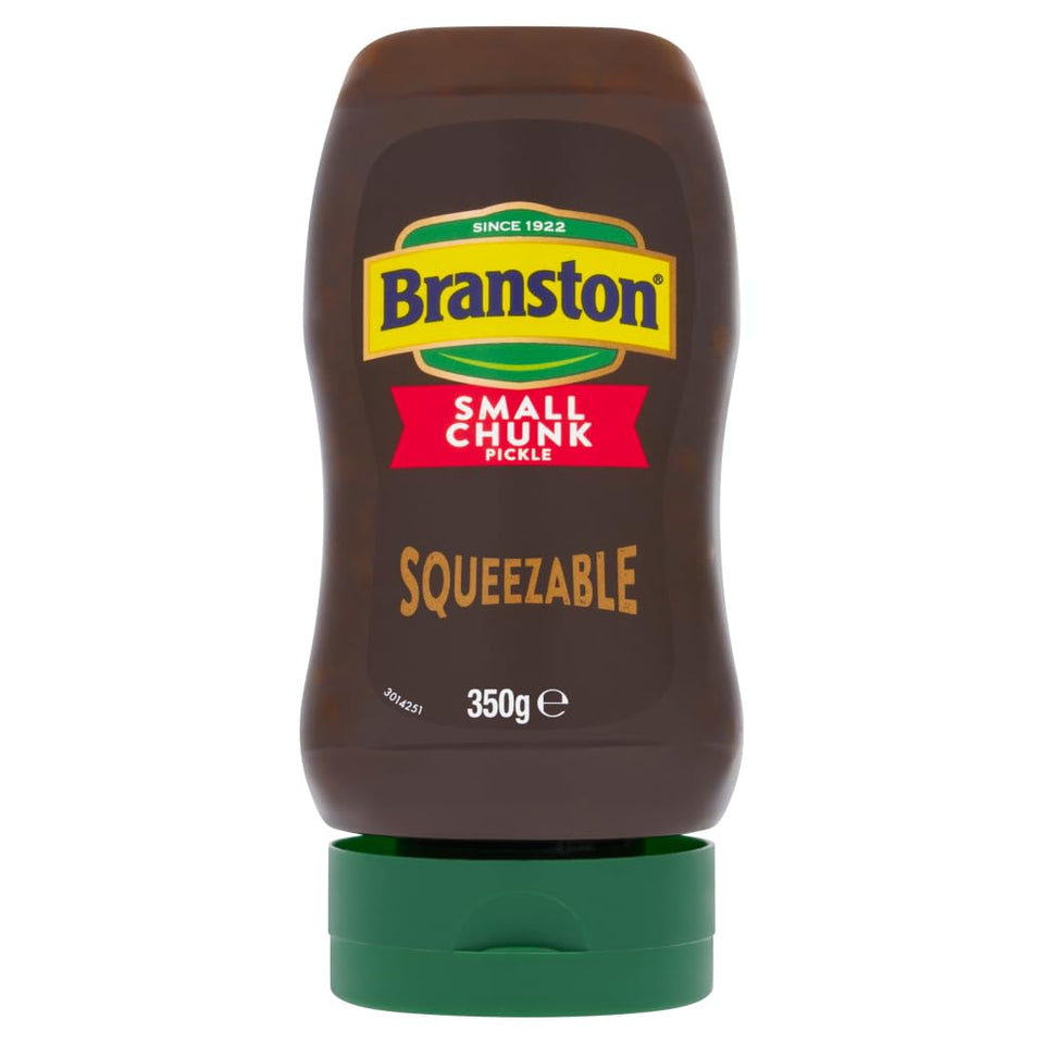 Branston Small Chunk Squeezy Pickle bottle ready for sandwiches and burgers
