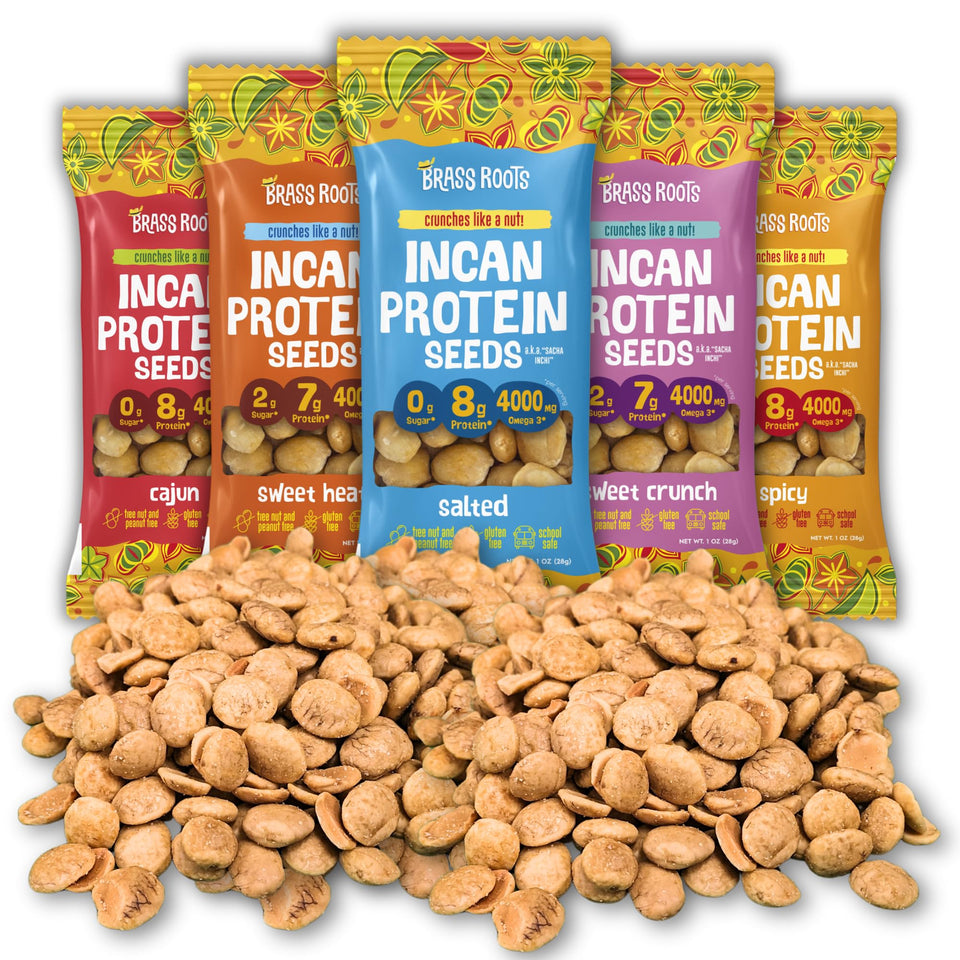 Brass Roots Incan Seeds variety pack front view, protein-packed school-safe snack.
