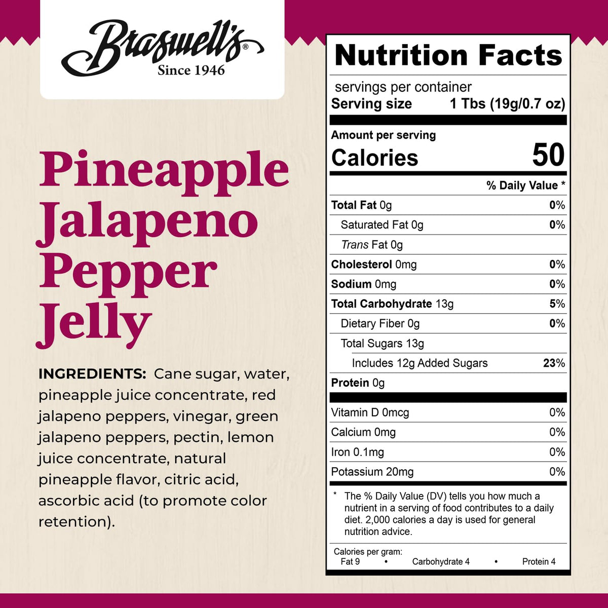 Close-up of Braswell's Pineapple Jalapeno jelly label showing small-batch quality.