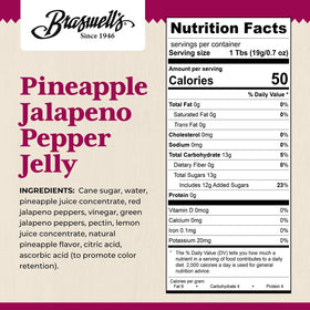 Close-up of Braswell's Pineapple Jalapeno jelly label showing small-batch quality.