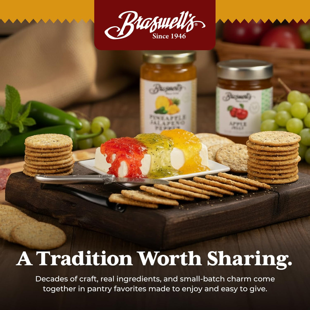 Braswell’s savory preserve jar adds depth to glazes and savory meat dishes.