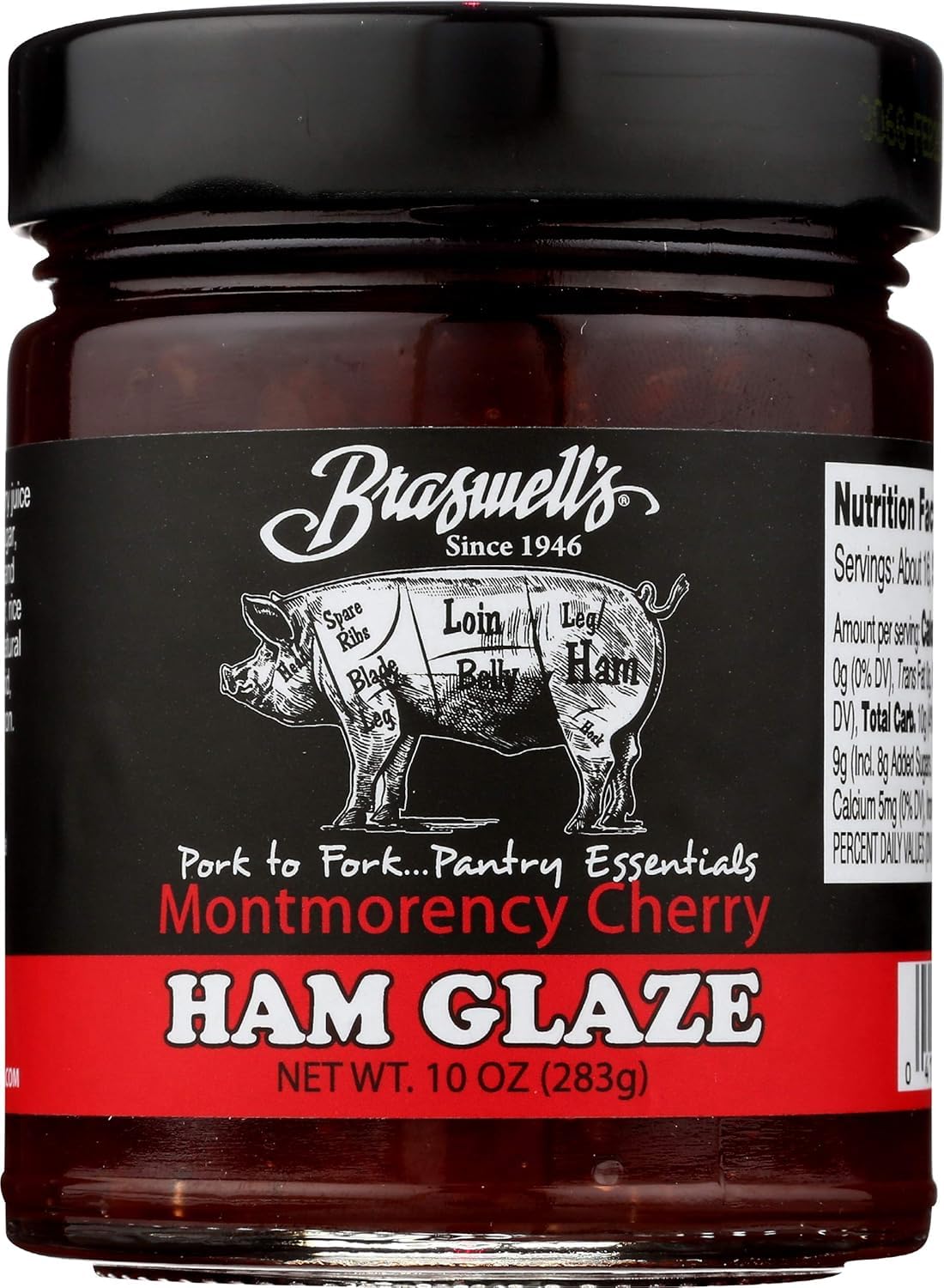 Braswell's Montmorency cherry ham glaze in a jar provides a glossy glaze for ham