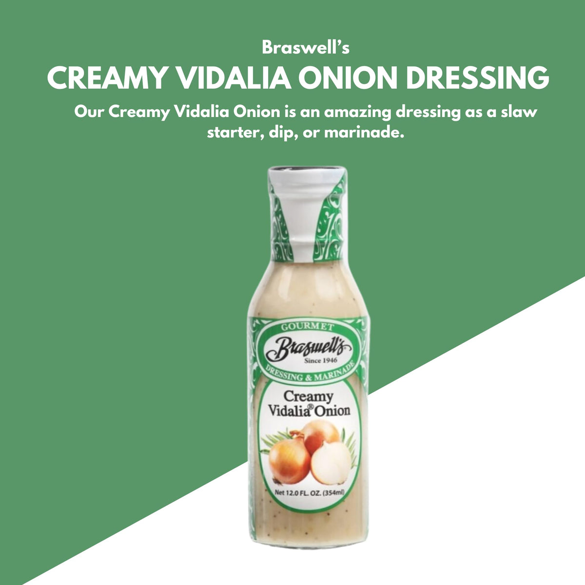 Closeup of Vidalia onions, mustards and herbs in Braswell's dressing.