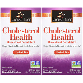 Bravo Tea Cholesterol Health Tea packaging highlights caffeine-free herbal blend