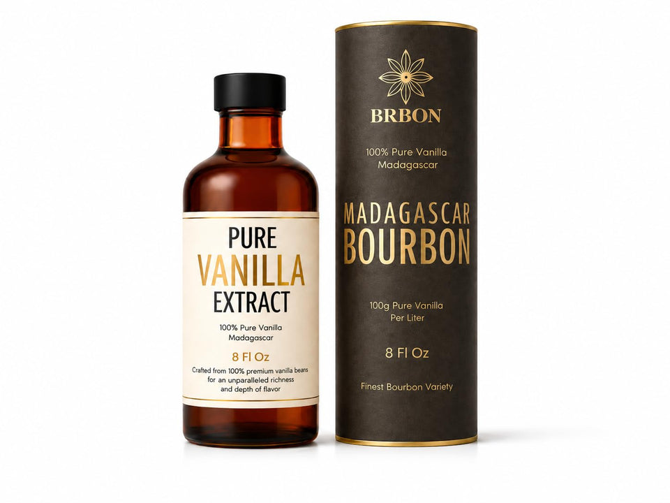 BRBON 8oz Pure Vanilla Extract bottle highlighting premium Madagascar flavor for baking