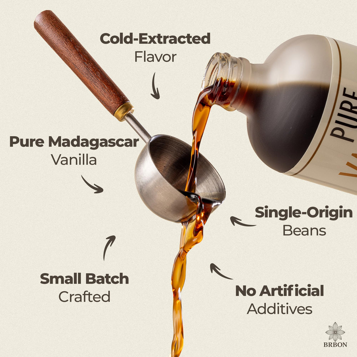 BRBON vanilla extract being poured for use in cookies and desserts